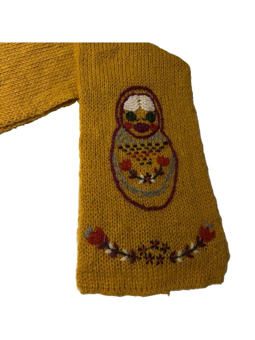 Wooden Ships Embroidered Knit Scarf Wool Mohair Blend Mustard Nesting Doll Cozy